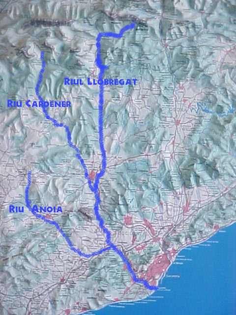 Mapa amb els cursos del Llobregat, Cardener  i Anoia.