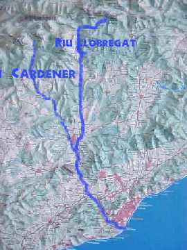 Mapa del curs del Llobregat amb el Cardener.