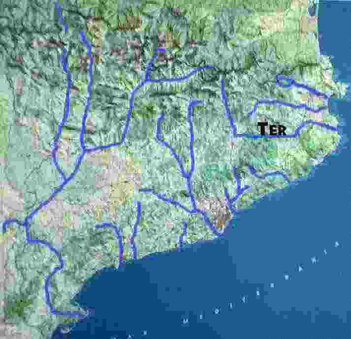 Mapa dels rius de Catalunya  amb el Ter marcat